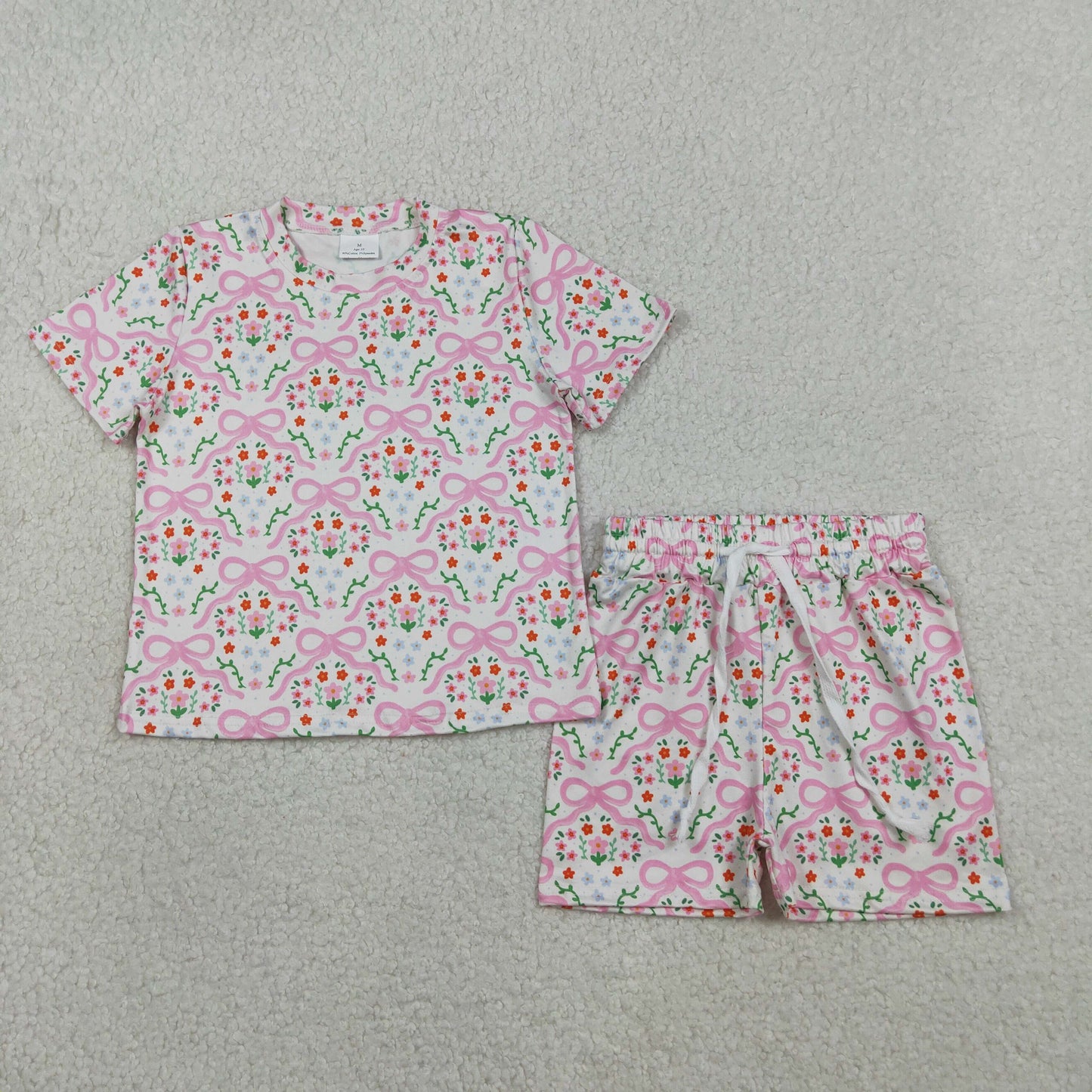 3.28 GSSO3379 Baby Girls Short Sleeve Bows Flowers Checked Top Shorts Slouchy Set