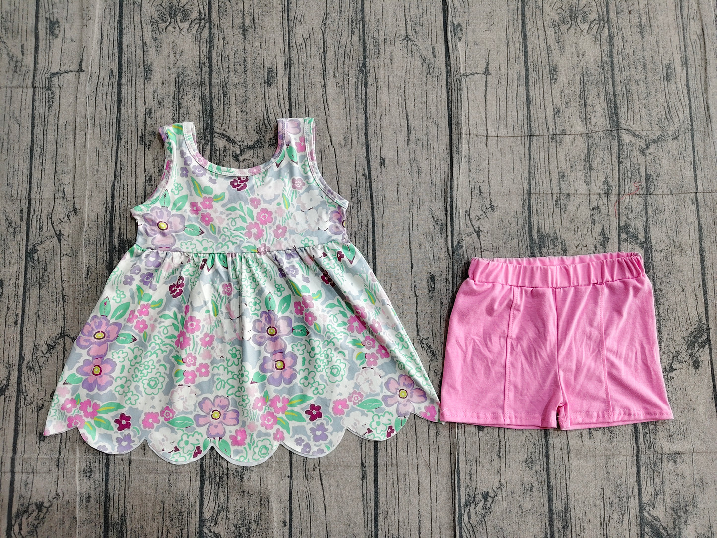 GSSO3385Baby Girls Sleeveless Colorful Flowers Tunic Shorts Clothes Set Preorder