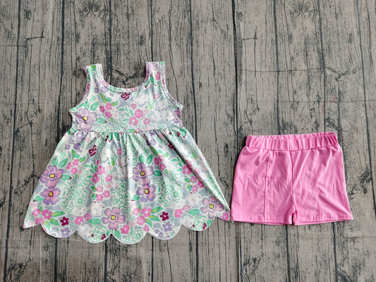 GSSO3385Baby Girls Sleeveless Colorful Flowers Tunic Shorts Clothes Set Preorder