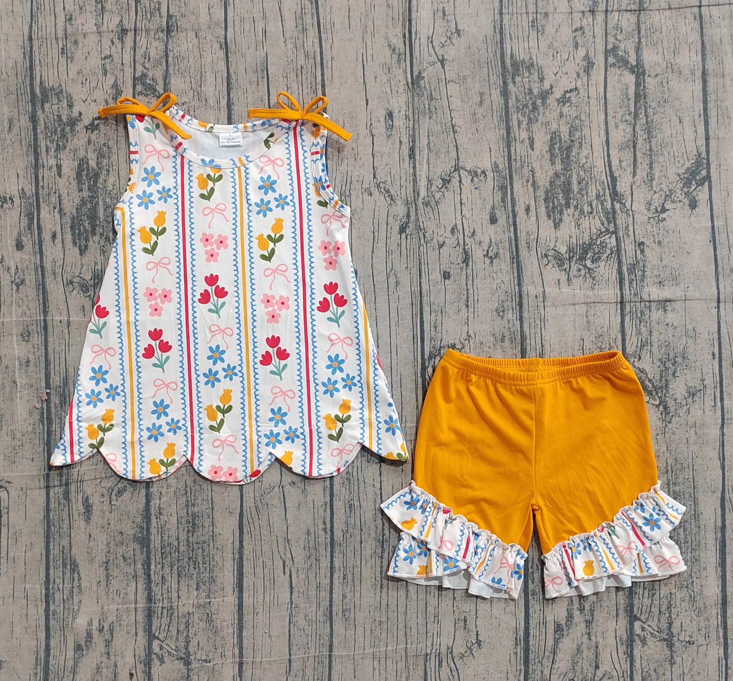 GSSO3388Baby Girls Bows Flowers Stripe Scallop Tunic Ruffle Shorts Clothes Set