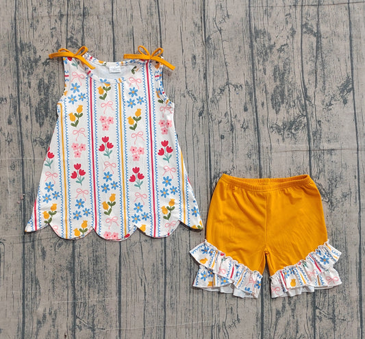 GSSO3388Baby Girls Bows Flowers Stripe Scallop Tunic Ruffle Shorts Clothes Set