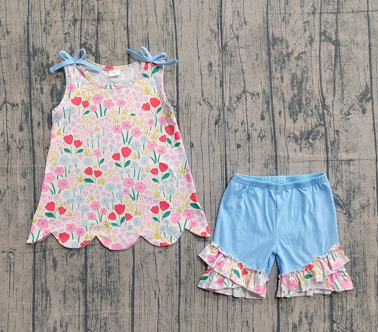 GSSO3390Baby Girls Sleeveless Colorful Flowers Scallop Tunic Ruffle Shorts Clothes Set