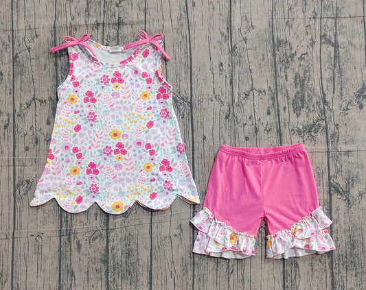 GSSO3391Sibling Baby Girls Colorful Flowers Scallop Tunic Ruffle Short Clothes Sets