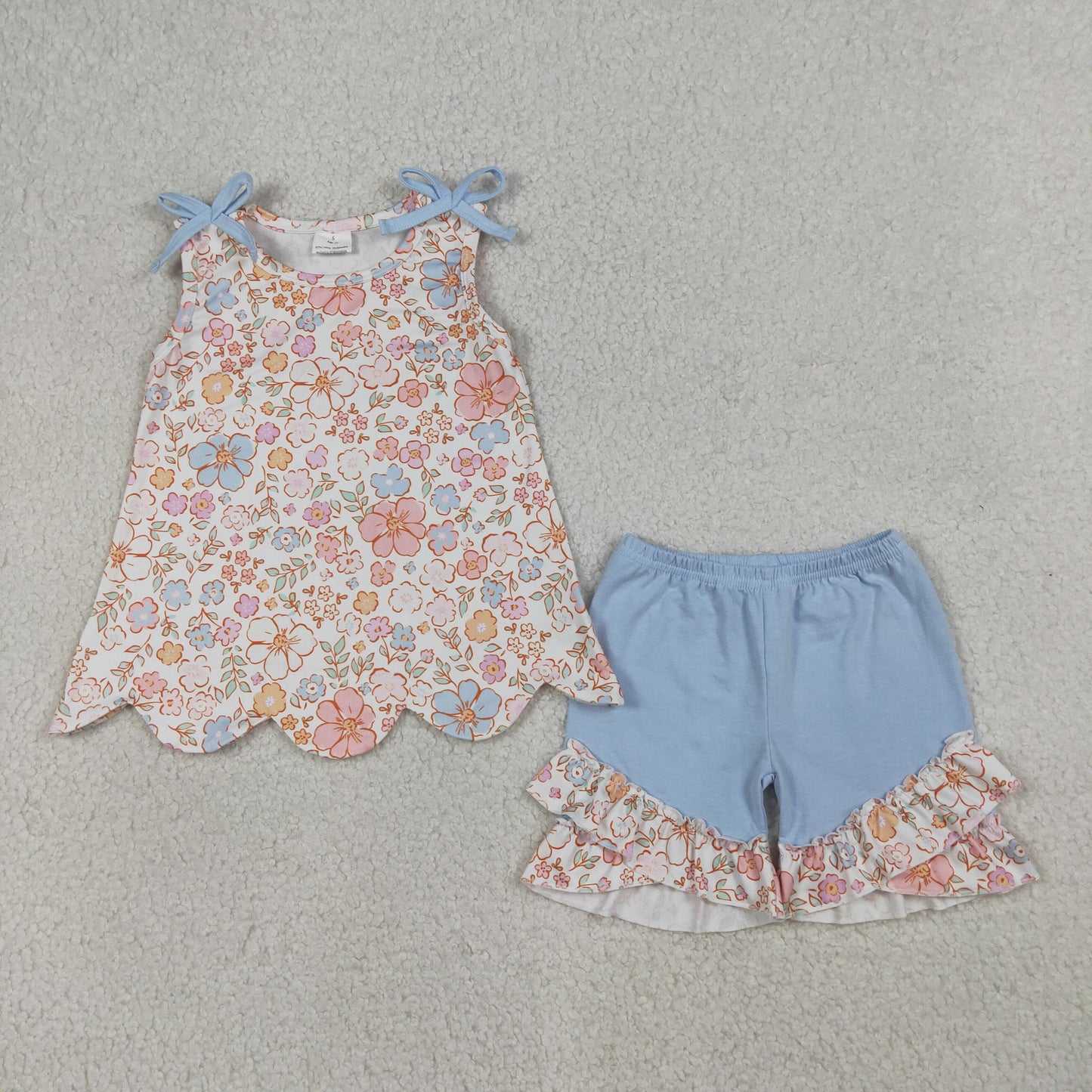 4.1 GSSO3393 Baby Girls Sleeveless Colorful Flowers Scallop Tunic Ruffle Shorts Clothes Set
