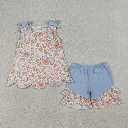 4.1 GSSO3393 Baby Girls Sleeveless Colorful Flowers Scallop Tunic Ruffle Shorts Clothes Set