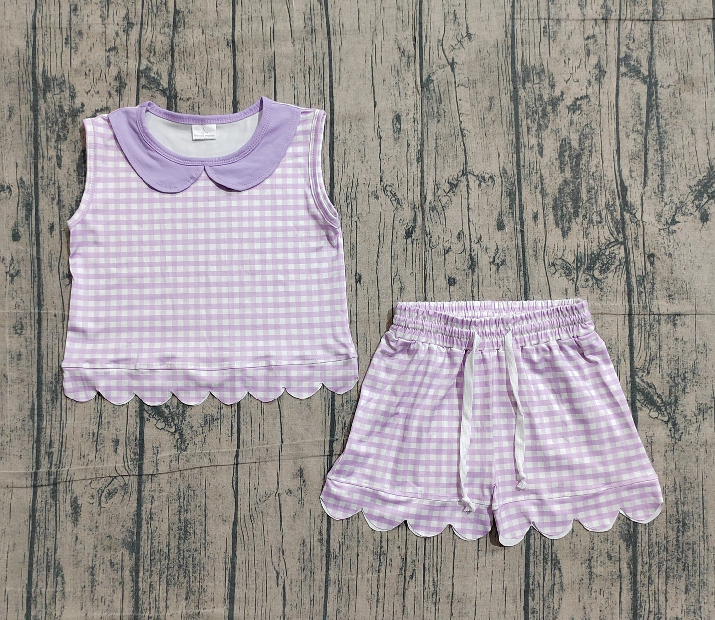 GSSO3396Baby Girls Sleeveless Lavender Checked Collar Top Scallop Shorts Clothes Set Preorder