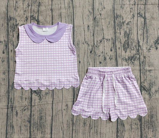 GSSO3396Baby Girls Sleeveless Lavender Checked Collar Top Scallop Shorts Clothes Set Preorder