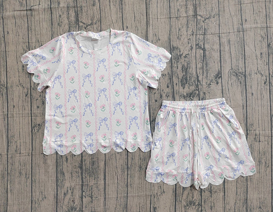 GSSO3405Adult Women Bows Flowers Stripe Top Short Scallop Clothes Sets