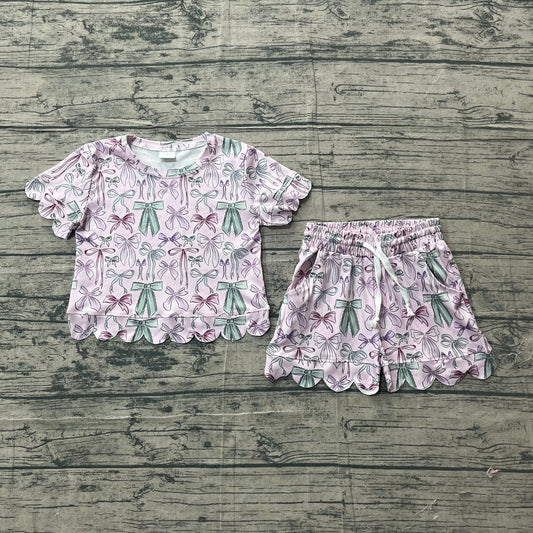 GSSO3409Baby Girls Pink Green Bows Plaid Top Scallop Shorts Clothes Set Preorder