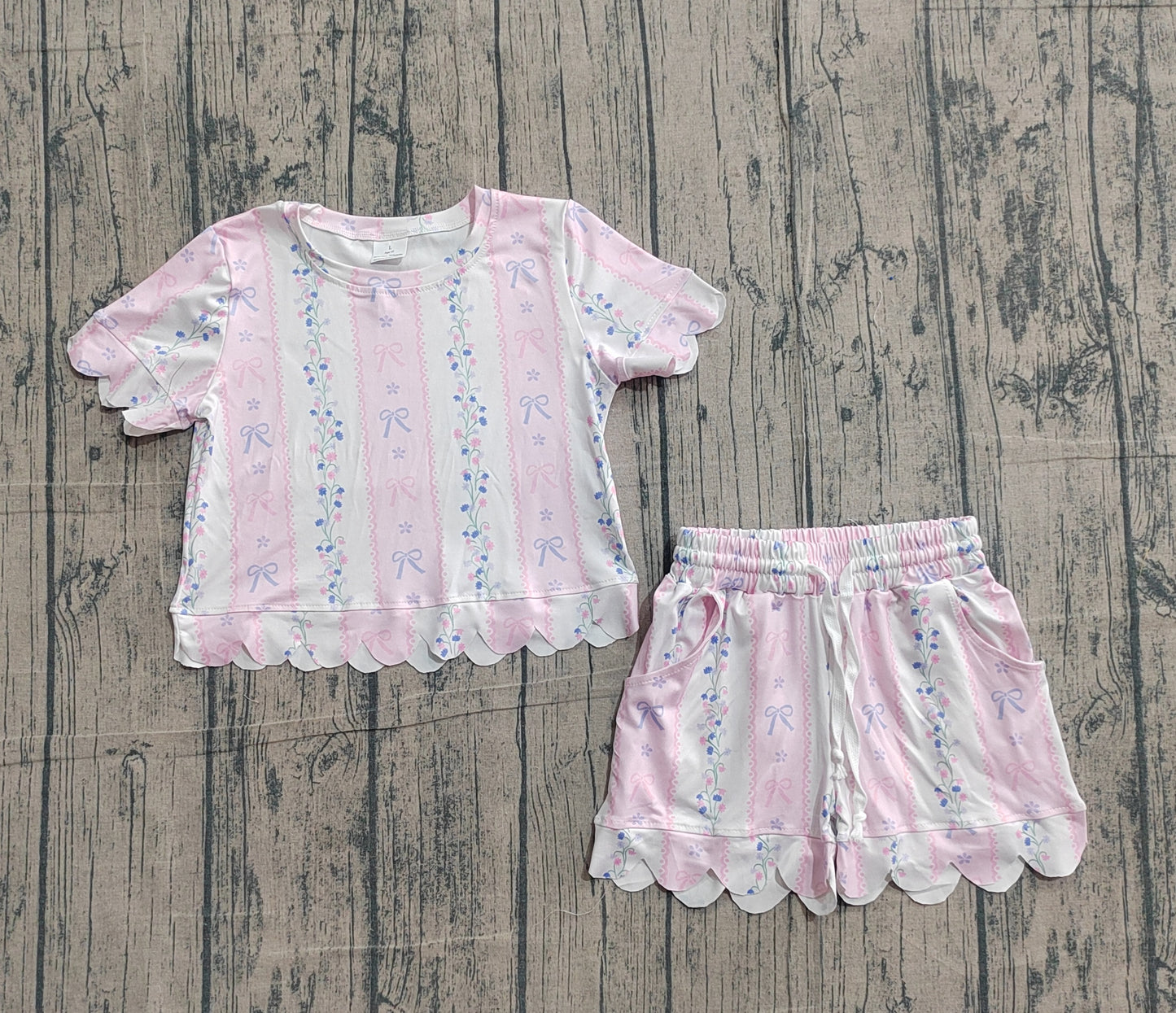 GSSO3410Baby Girls Flowers Bows Stripe Top Scallop Shorts Clothes Set Preorder