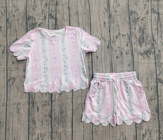 GSSO3410Baby Girls Flowers Bows Stripe Top Scallop Shorts Clothes Set Preorder