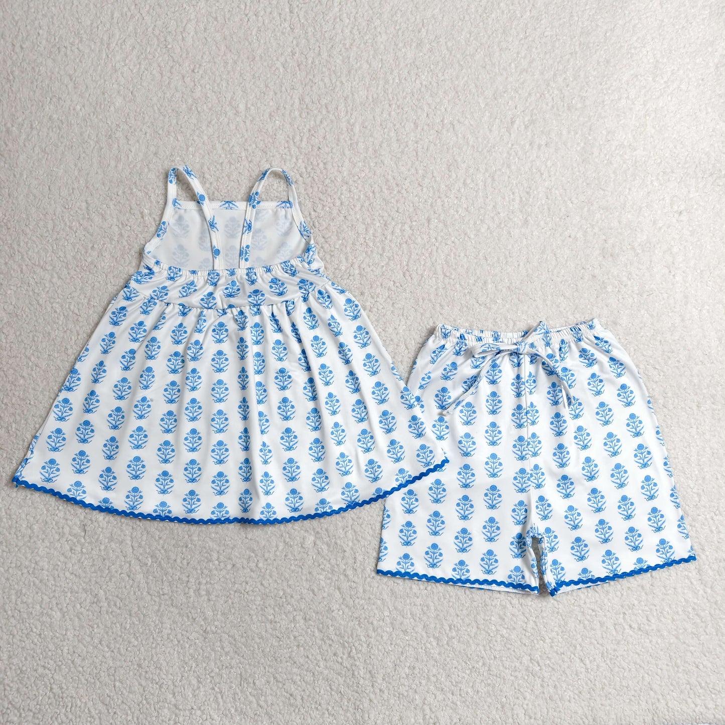 RTS NO MOQ milk silk GSSO3416 Baby Girls Strap Blue Flowers Plaid Tunic Short Clothes Sets