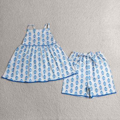 RTS NO MOQ milk silk GSSO3416 Baby Girls Strap Blue Flowers Plaid Tunic Short Clothes Sets