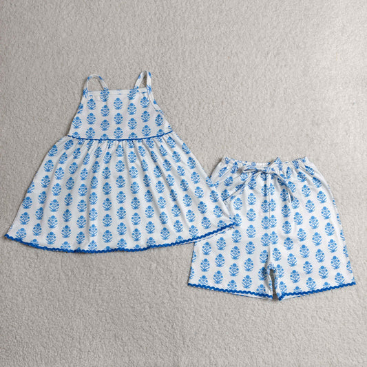 RTS NO MOQ milk silk GSSO3416 Baby Girls Strap Blue Flowers Plaid Tunic Short Clothes Sets