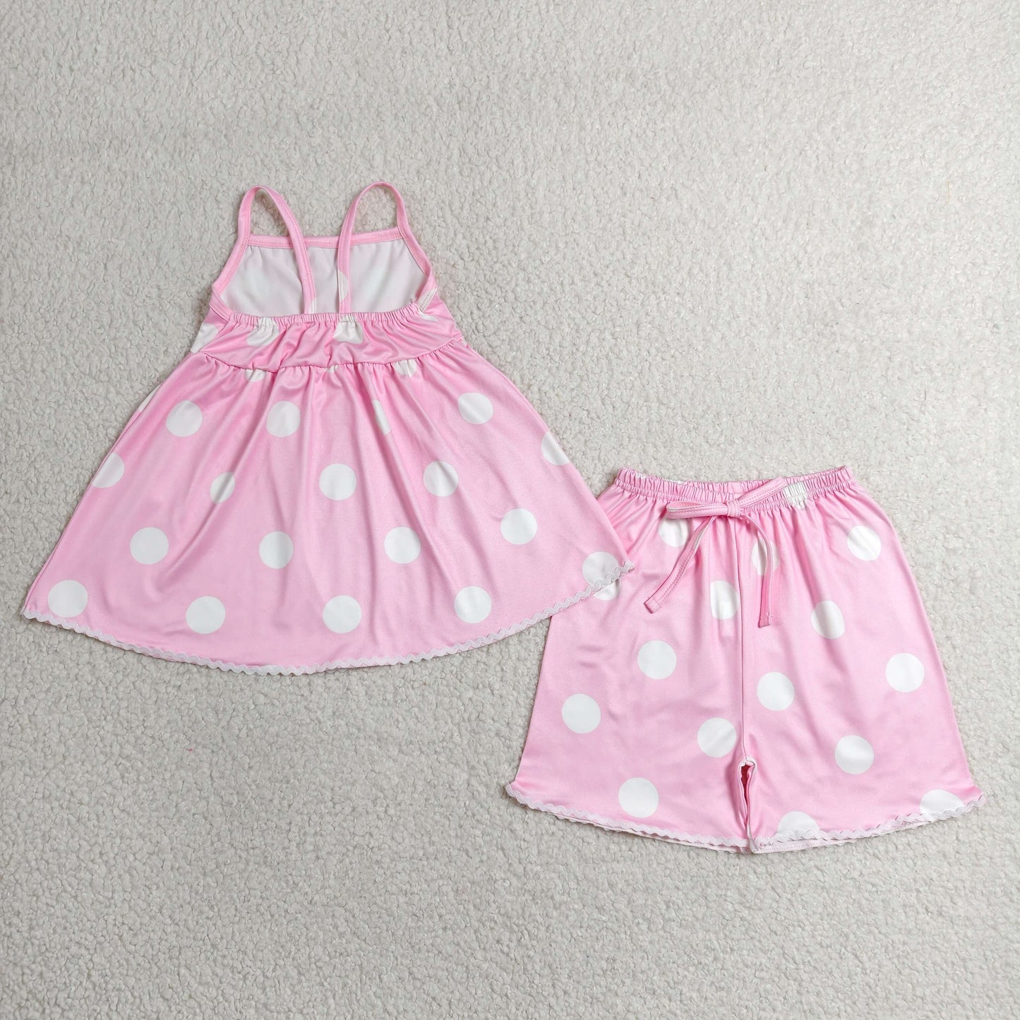 RTS NO MOQ milk silk GSSO3417 Baby Girls Pink Strap Polka Dots Tunic Short Clothes Sets