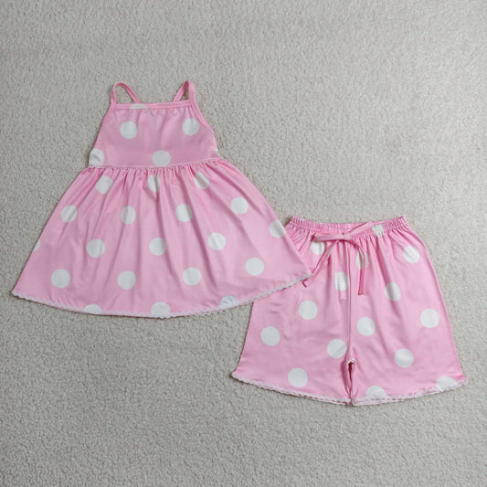 RTS NO MOQ milk silk GSSO3417 Baby Girls Pink Strap Polka Dots Tunic Short Clothes Sets