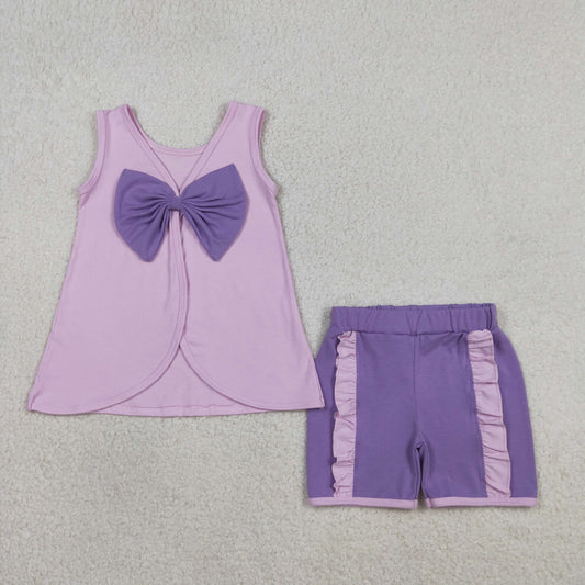 3.30 GSSO3461 Baby Girls Lavender Sleeveless Back Bows Tunic Ruffle Shorts Clothes Sets