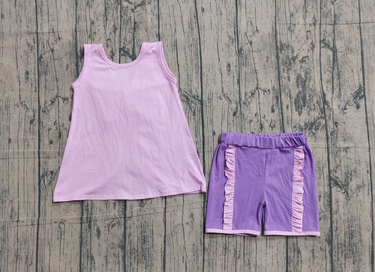 GSSO3461Baby Girls Lavender Sleeveless Back Bows Tunic Ruffle Shorts Clothes Sets