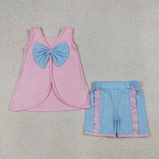 4.1 GSSO3462  Baby Girls Pink Sleeveless Back Bows Tunic Ruffle Shorts Clothes Sets
