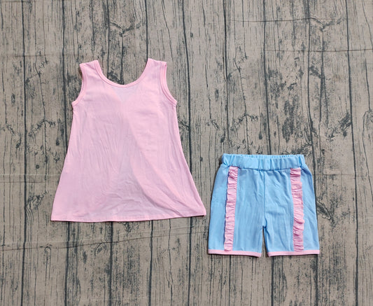 GSSO3462Baby Girls Pink Sleeveless Back Bows Tunic Ruffle Shorts Clothes Sets