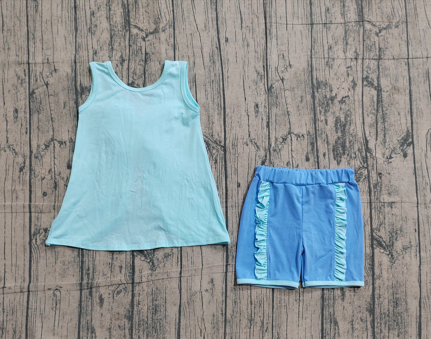 GSSO3463Baby Girls Blue Sleeveless Back Bows Tunic Ruffle Shorts Clothes Sets