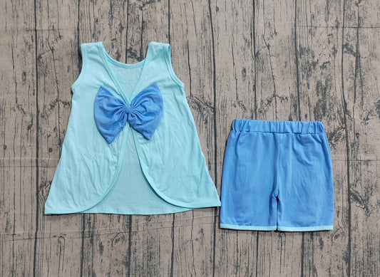 GSSO3463Baby Girls Blue Sleeveless Back Bows Tunic Ruffle Shorts Clothes Sets