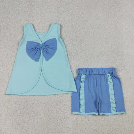4.1 GSSO3463 Baby Girls Blue Sleeveless Back Bows Tunic Ruffle Shorts Clothes Sets