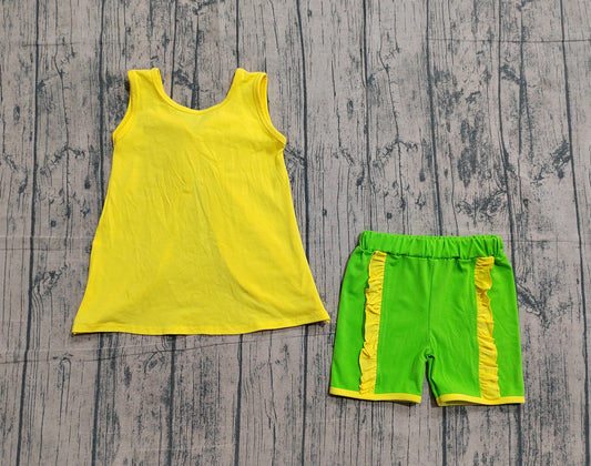 GSSO3464Baby Girls Sleeveless Back Bows Tunic Green Ruffle Shorts Clothes Sets Preorder