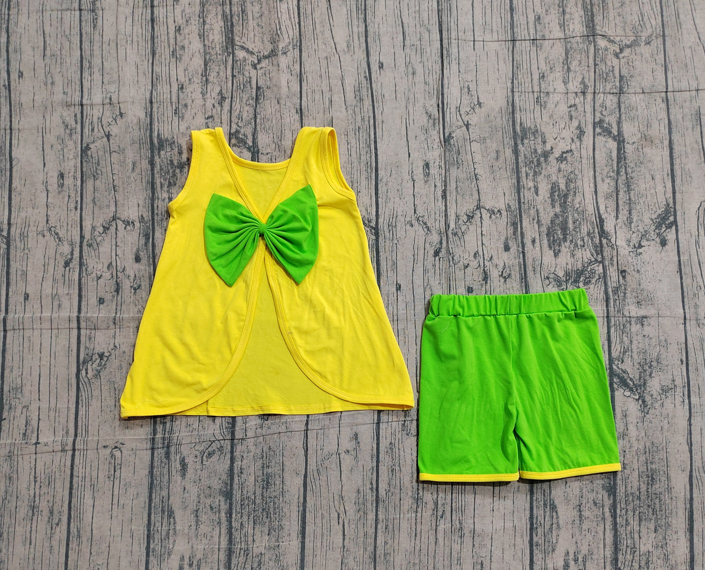 GSSO3464Baby Girls Sleeveless Back Bows Tunic Green Ruffle Shorts Clothes Sets Preorder
