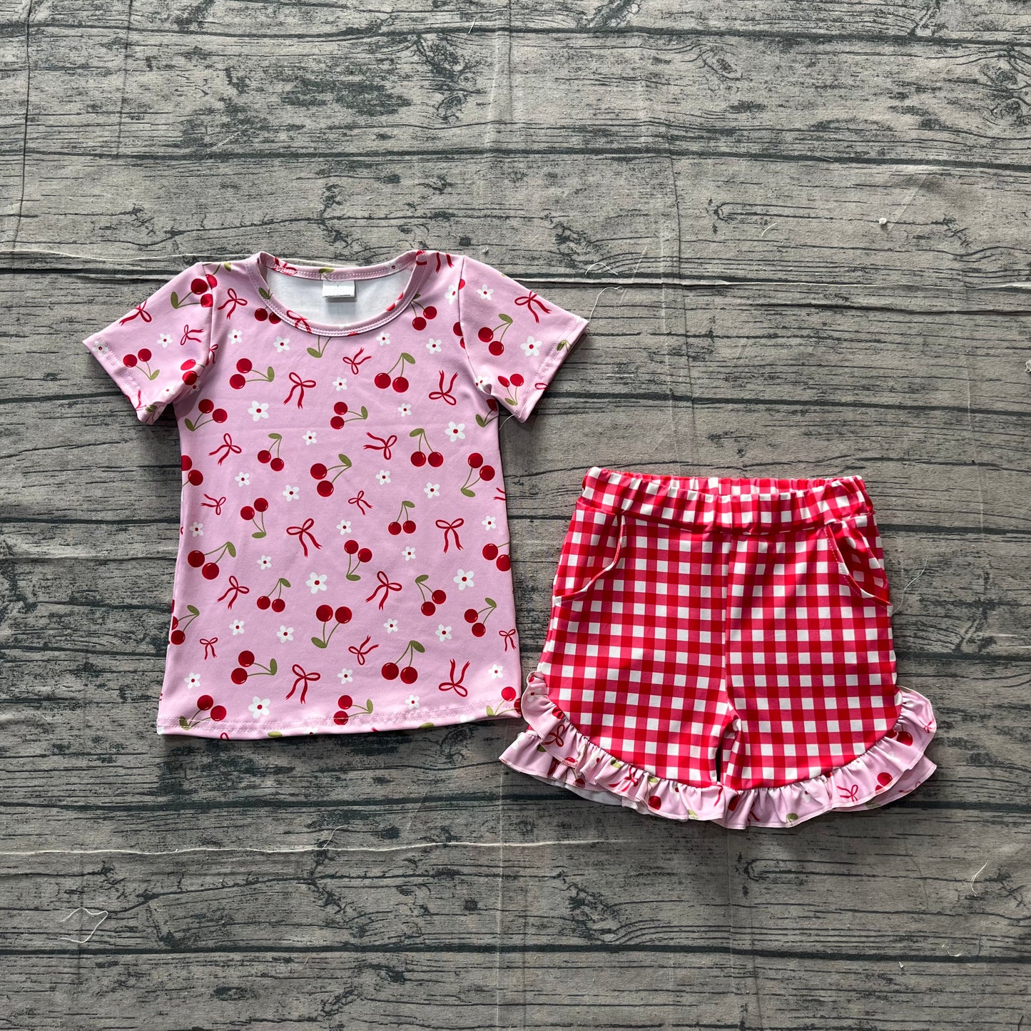 GSSO3470Baby Girls Cherry Flowers Top Checked Ruffle Shorts Clothes Sets