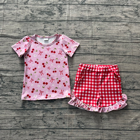 GSSO3470Baby Girls Cherry Flowers Top Checked Ruffle Shorts Clothes Sets