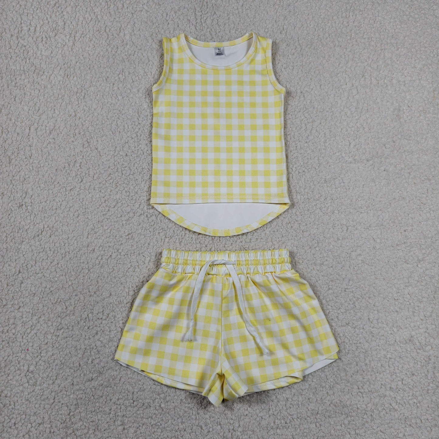 RTS NO MOQ Yoga GSSO3275 Baby Girls Yellow Checked Vests Top Butterfly Short Yoga Active Clothes Set