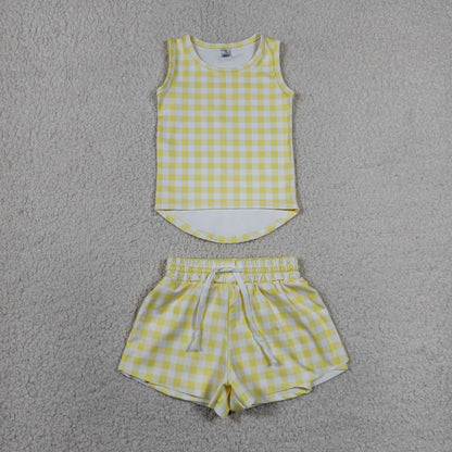 RTS NO MOQ Yoga GSSO3275 Baby Girls Yellow Checked Vests Top Butterfly Short Yoga Active Clothes Set