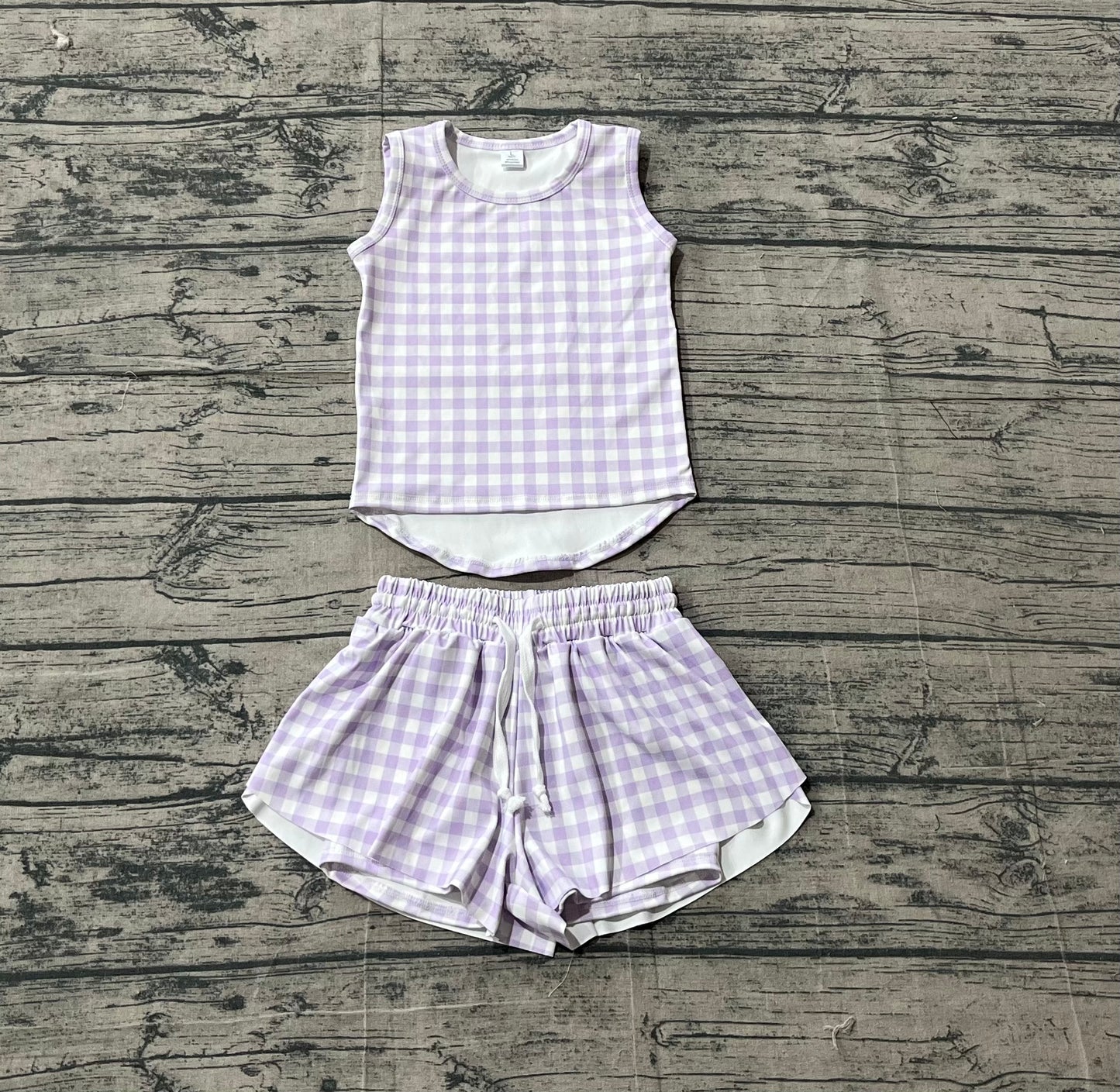 GSSO3477Baby Girls Lavender Checked Vests Top Short Yoga Active Clothes Set Preorder