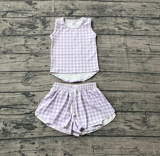 GSSO3477Baby Girls Lavender Checked Vests Top Short Yoga Active Clothes Set Preorder