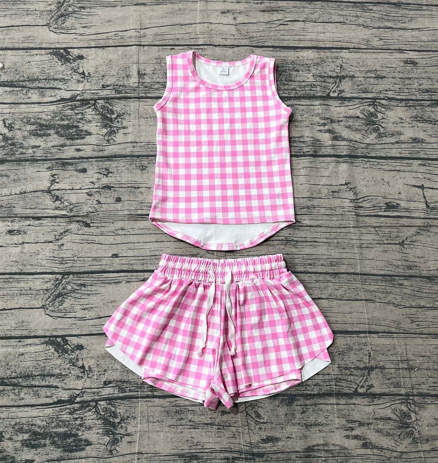 GSSO3478Baby Girls Pink Checked Vests Top Short Yoga Active Clothes Set Preorder