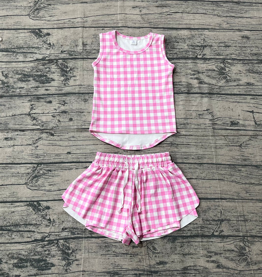 GSSO3478Baby Girls Pink Checked Vests Top Short Yoga Active Clothes Set Preorder