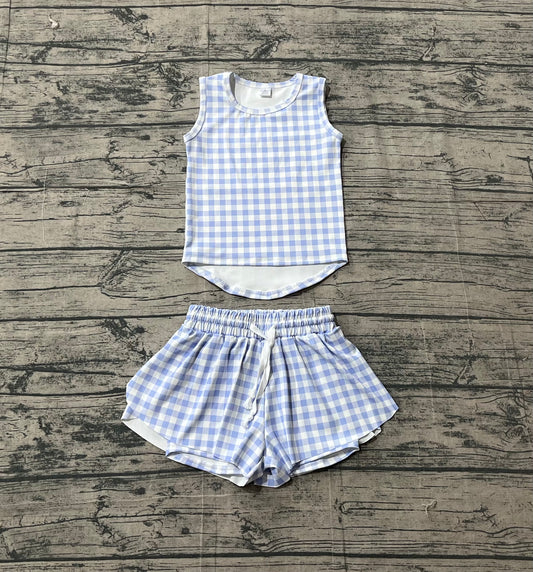GSSO3479Baby Girls Purple Checked Vests Top Short Yoga Active Clothes Set Preorder