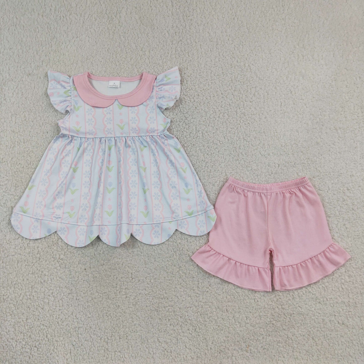 RTS No moq milk silk GSSO3490 Baby Girls Flowers Stripe Collar Scallop Tunic Ruffle Short Clothes Sets