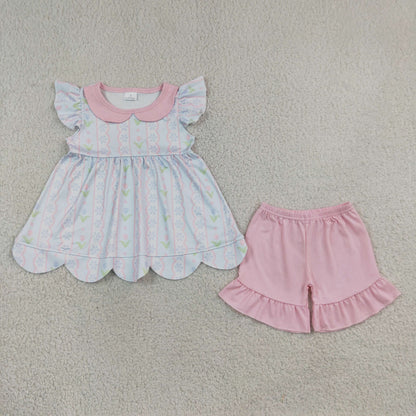 RTS No moq milk silk GSSO3490 Baby Girls Flowers Stripe Collar Scallop Tunic Ruffle Short Clothes Sets