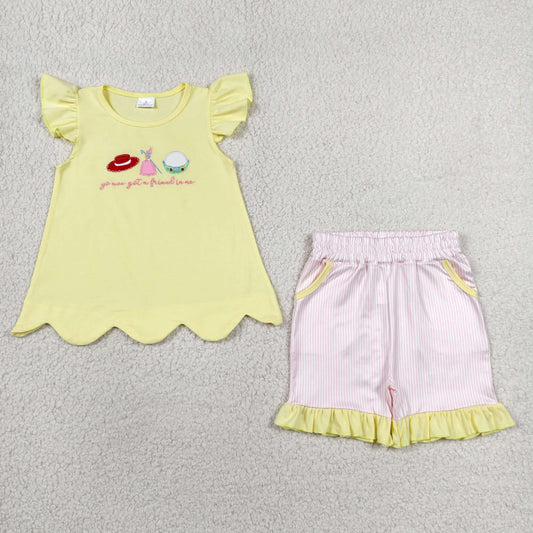 RTS NO MOQ milk silk GSSO3495 Embroidery Got a Friend Baby Girls Scallop Tunic Stripe Pockets Short Clothes Sets