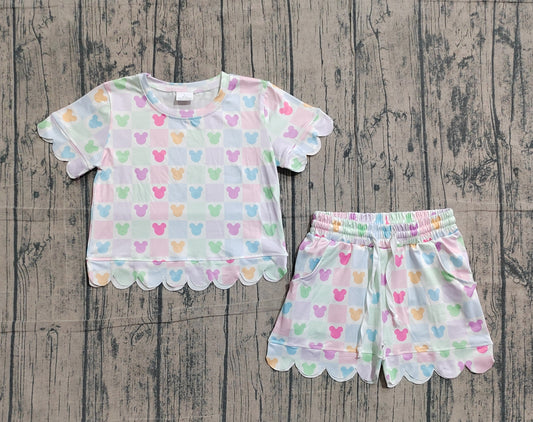 GSSO3496Baby Girls Scallop Cartoon Mouses Checked Top Short Clothes Sets Preorder