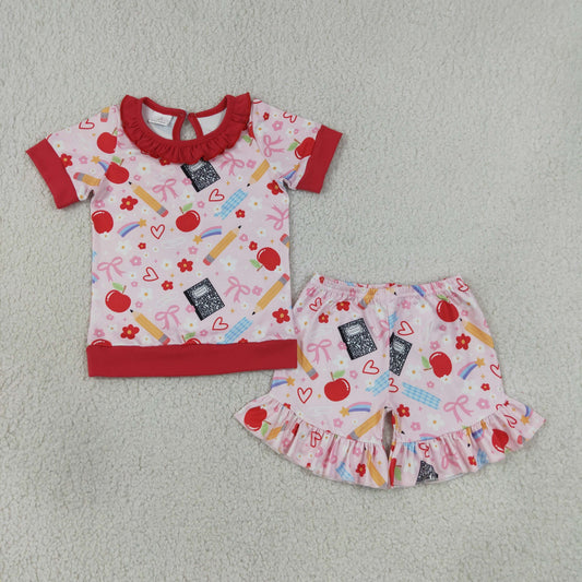 NEW RTS NO MOQ milk silk GSSO3525 Baby Girls Pencil Flower Apples Top Ruffle Short Back to School Clothes Sets