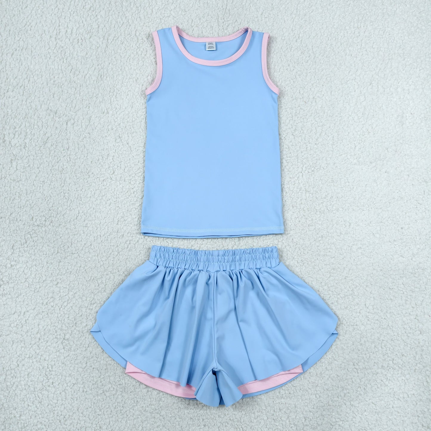 RTS NO MOQ Yoga GSSO3527 Baby Girls Blue Sleeveless Vests Top Butterfly Short Yoga Active Clothes Set