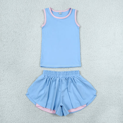 RTS NO MOQ Yoga GSSO3527 Baby Girls Blue Sleeveless Vests Top Butterfly Short Yoga Active Clothes Set