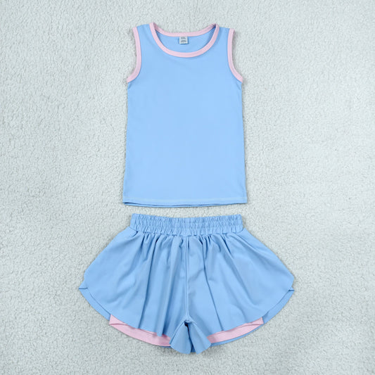 RTS NO MOQ Yoga GSSO3527 Baby Girls Blue Sleeveless Vests Top Butterfly Short Yoga Active Clothes Set