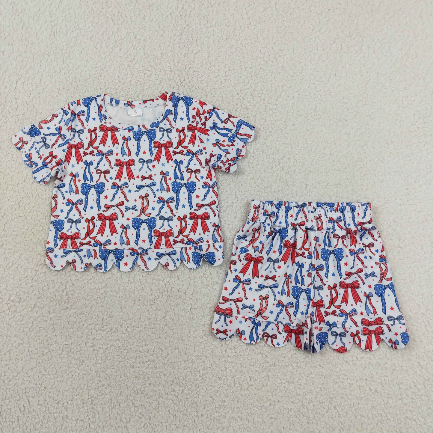 RTS NO MOQ milk silk GSSO3548 Baby Girls Red Blue Bow Stars Top Pockets Short 4th of July Scallop Clothes Sets