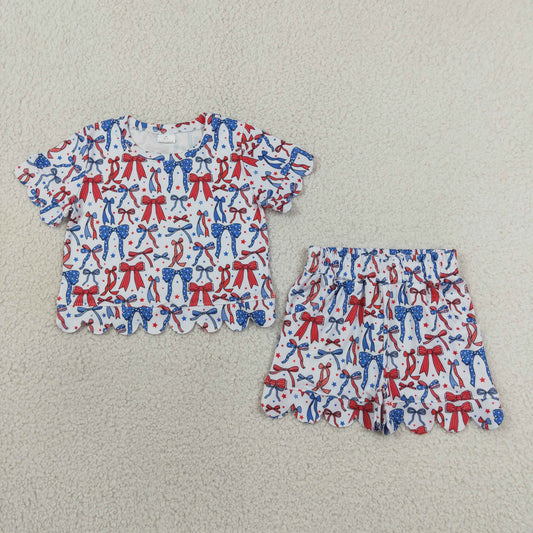 RTS NO MOQ milk silk GSSO3548 Baby Girls Red Blue Bow Stars Top Pockets Short 4th of July Scallop Clothes Sets