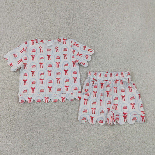 RTS NO MOQ milk silk GSSO3552 Baby Girls Flag Bows Checked Top Pockets Short 4th of July Scallop Clothes Sets