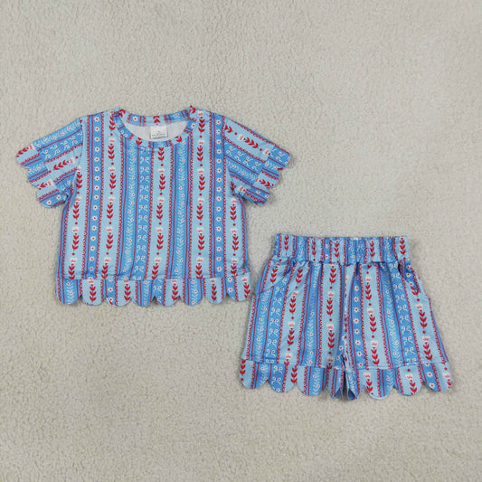 NEW RTS NO MOQ milk silk GSSO3554 Baby Girls Bows Flowers Stripe Top Scallop Pocket Shorts Sets